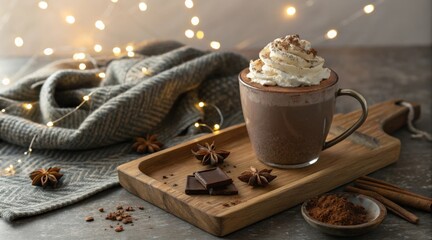 mug of hot cocoa with whipped cream and a sprinkle of cinnamon, set on a wooden tray next to a cozy blanket, soft ambient lighting, warm and comforting winter vibe with detailed textures of the drink 