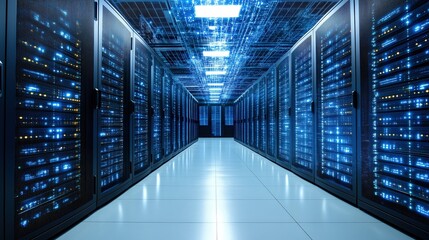 Modern Data Center Interior with Blue LED Lighting