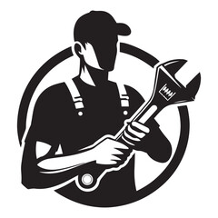 Mechanic with wrench silhouette vector black color and solid white background 