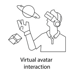 Vector icon for Virtual Avatar Interaction. Displays two avatars interacting in a digital space, representing social connections in the metaverse.