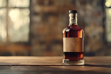 Whiskey bottle featuring a clean, minimalist label design, suitable for product branding or advertising mockups. Free copy space for text.