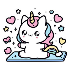 Cute Kawaii Unicorn Sitting with Rainbow and Hearts