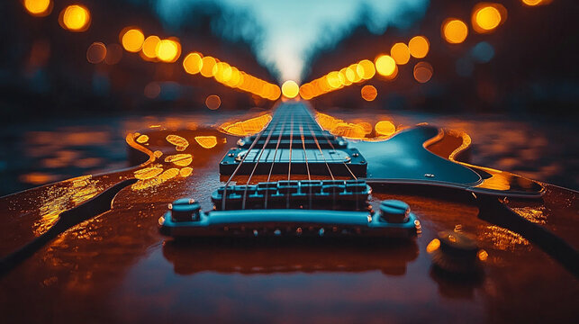 Electric Guitar Close up with Bokeh Lights Music Instrument Night Photography