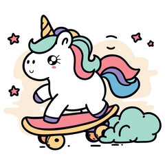 Cute Colorful Unicorn Skating on a Vibrant Skateboard