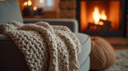 Photorealistic, cozy living room with a soft knit blanket on an armchair, a fireplace glowing in the background, winter self-care setting with warm lighting and comfortable surroundings