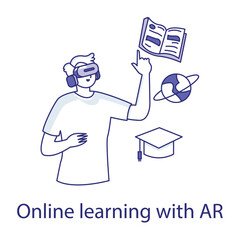 Vector icon for Online Learning with AR. Displays a user studying with augmented reality enhancements, representing interactive education.