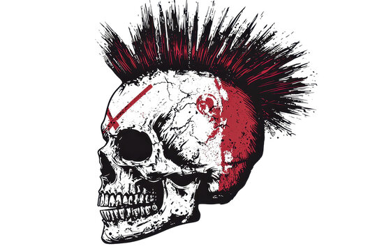 Edgy skull illustration featuring a vibrant mohawk, blending punk rock style with bold artistic flair. Perfect for alternative designs.