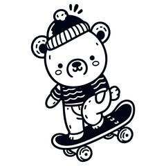 Cute Cartoon Bear Riding a Skateboard in Fun Outfit