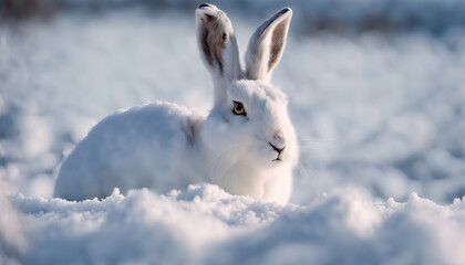 Winter Hare Camouflaged in Snow