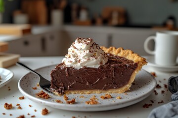 Decadent chocolate cream pie slice with whipped cream on a ceramic plate