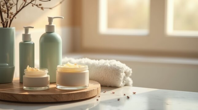 winter skincare routine setup with moisturizing creams, serums, and a soft towel on a bathroom counter, warm natural light from a window, cozy and clean environment with a focus on healthy skin