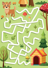 Colorful Maze in Enchanted Forest with Dog and Mushrooms
