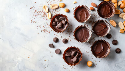 Stack of chocolate cupcakes with salt sprinkled on top. The cupcakes are piled on top of each other, and there is a pile of chocolate chips and salt on the table