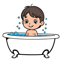 Cute Cartoon Boy Enjoying a Bath in a Bathtub
