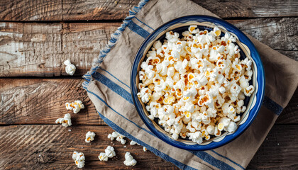 Bowl of popcorn is sitting on a wooden table. The bowl is filled with white popcorn and there are many pieces of popcorn scattered around the table