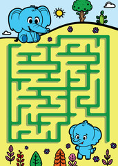 Elephant Cartoon Character Solving Maze in Nature Setting