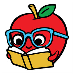 Cute Apple Character Reading a Book with Glasses