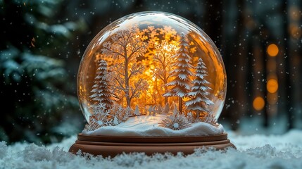 Paper forest composition in a snow globe with warm light in a winter setting 