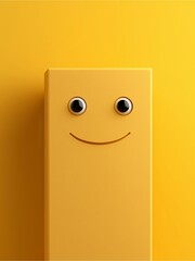 A cheerful yellow block with googly eyes and a smiling mouth against a bright yellow background.