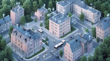 A sustainable 3D cityscape with net-zero infrastructure, featuring electric transport, green buildings, and renewable energy sources in harmony.