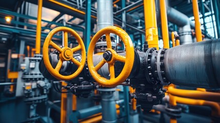 Close-up of industrial yellow valves and pipes in a factory.