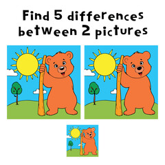 Find 5 Differences Puzzle with Cute Cartoon Bear