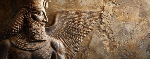 Detailed relief of Gilgamesh, the legendary Sumerian demigod, from ancient Mesopotamian culture. Free copy space for text.