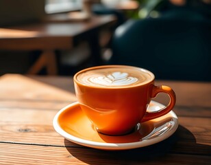 Fototapeta premium Orange Coffee Cup with Latte Art in Cozy Cafe Setting – Warm and Inviting Photograph