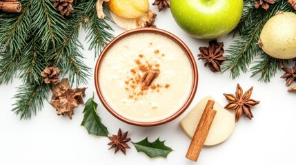 Creamy Drink with Cinnamon and Star Anise Surrounded by Holiday Decor
