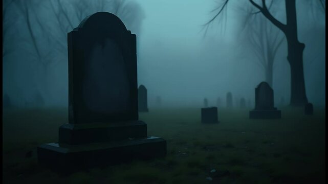 Close-up view of a nameless tombstone in a dark foggy graveyard