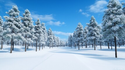Winter forest landscape with tall trees and a clear sky covered in snow