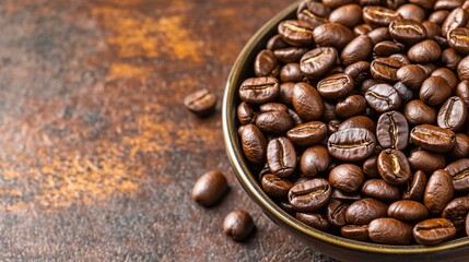 Fototapeta premium Freshly roasted coffee beans in a brown bowl on a rustic wooden table, copy space