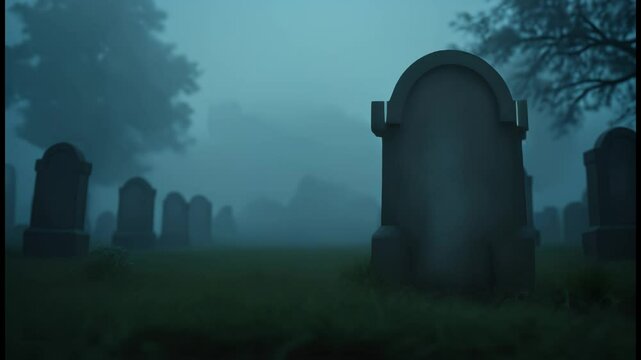 Close-up view of a nameless tombstone in a dark foggy graveyard
