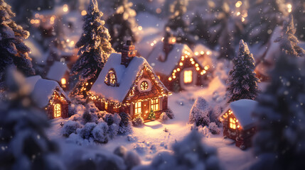 Peaceful snowy christmas village with glowing cottage lights. Snowy Village. Illustration