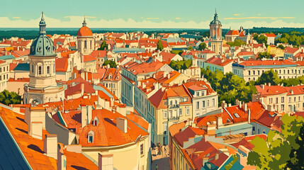 Vilnius, Lithuania, french vintage Art Nouveau & Art Deco travel poster template. Cityscape and city skyline.Classic La Belle Epoque vichy art. Clear, simple, trendy