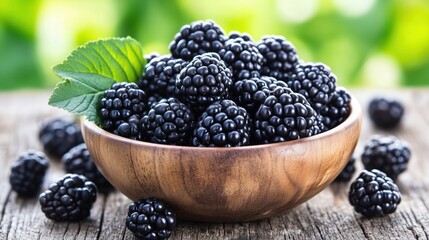 Bowl of fresh mulberries on a wooden table with green foliage in the background during daylight hours