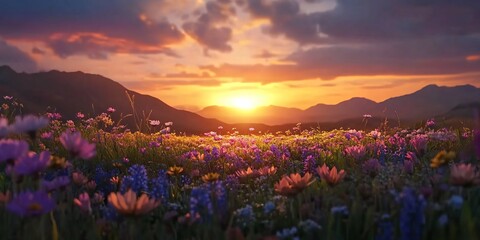 Sunset Over a Field of Wildflowers