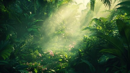 Fototapeta premium Sunlight filtering through dense foliage in a lush, tropical jungle, illuminating a path with pink flowers.