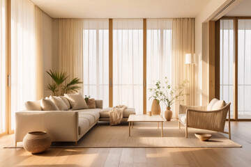 Minimalist, japandi style interior design of modern living room