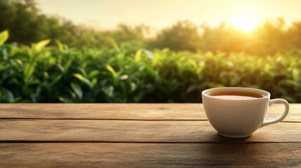 A warm cup of tea sits on a wooden table, with a blurred background of green bushes and sunlight.