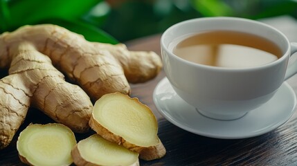 A close-up of fresh ginger root with slices and a cup of ginger tea. The warm colors and rustic wooden background create a cozy and inviting atmosphere.