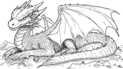 A line drawing of a dragon with its wings spread out.