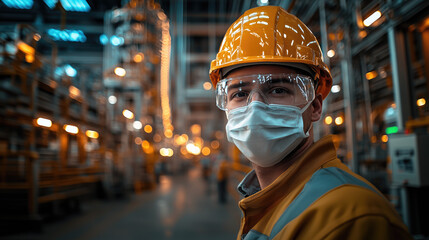 Obraz premium Engineer Wearing a Dust Mask in the Factory Environment