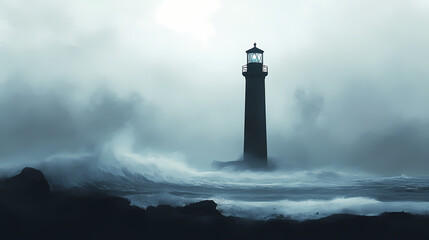 The silhouette of a lighthouse standing tall against the backdrop of a stormy sea. Stormy Beach. Illustration