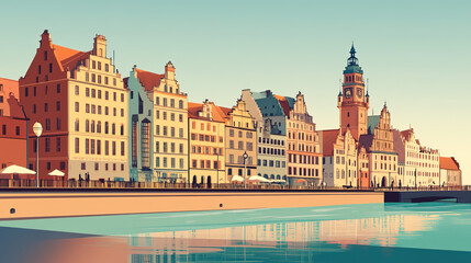 Obraz premium Wroclaw, Poland, french vintage Art Nouveau & Art Deco travel poster template. Cityscape and city skyline.Classic La Belle Epoque vichy art. Clear, simple, trendy
