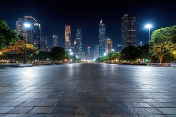 A stunning night view of a vibrant city skyline with skyscrapers, illuminated trees, and a wide...