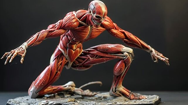 A striking anatomical model showcases intricate muscle details in a crouched position, emphasizing the complexity of human anatomy with realistic textures and colors