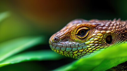 Obraz premium A close-up shot of a lizard's head among green leaves, showcasing intricate skin patterns and vibrant colors.