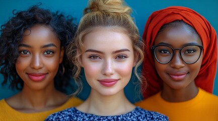 Fototapeta premium portraits of women from different ethnicities, each smiling and looking at the camera. diversity and the connection between all individuals represented in the photograph.