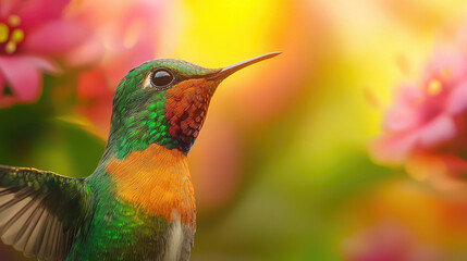 Fototapeta premium A vibrant hummingbird poses gracefully against a colorful floral background, showcasing its iridescent feathers.